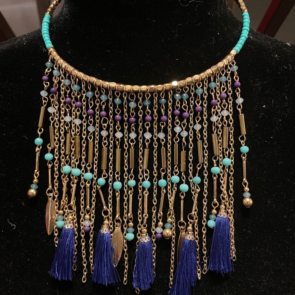 Gold and Turquoise Beaded Necklace with Tassels - Picture 3 of 3